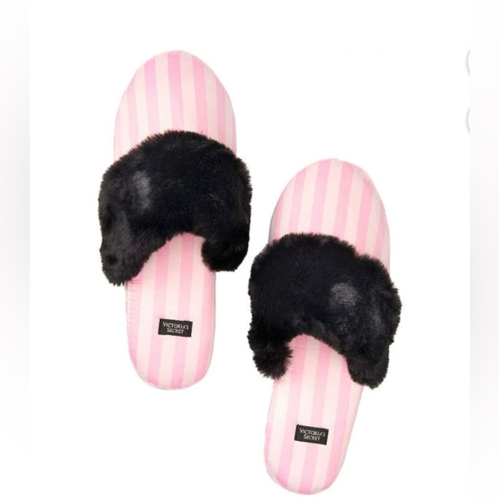 VICTORIA’S SECRET SIGNATURE PINK STRIPE SATIN SLIPPER WITH FAUX FUR TRIM
